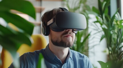 Wall Mural - A man wearing a blue shirt is playing a video game with a virtual reality headset on.