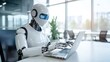 © Alice a. - A robot is sitting at a desk and typing on a laptop. The robot has a blue face and is wearing a white suit. The scene is set in a room with a potted plant in the background