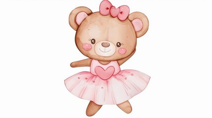 Sticker - Delightful cartoon bear ballerina in a pink dress dances joyfully, perfect for baby showers and greeting cards. Whimsical watercolor art.