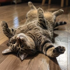 Playful Tabby Cat Lying on its Back.