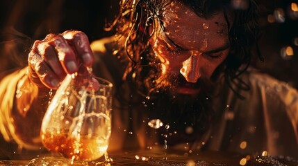 Realistic image of jesus performing miraculous transformation of water into wine