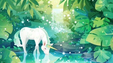 Canvas Print - A whimsical unicorn sips from a glowing stream with vibrant foliage, creating a dreamy, magical watercolor landscape.