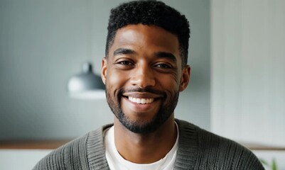 Poster - Medium shot portrait video of a satisfied Brazilian man in his 30s wearing a chic cardigan against a minimalist or empty room background 