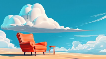 Canvas Print - A whimsical orange armchair rests under a fluffy cloud, accompanied by a tiny side table in a surreal dreamscape.