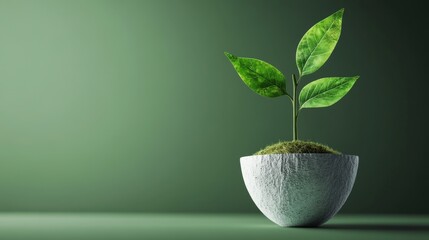 Young Green Plant Growing in a White Pot Against a Green Background Symbolizing Growth and Sustainability