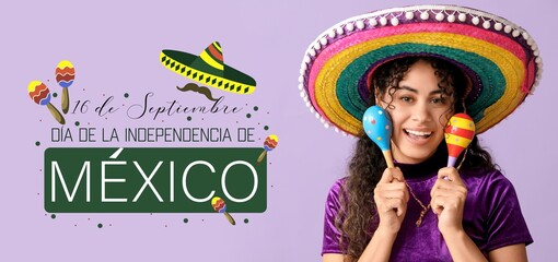 Canvas Print - Banner for Mexican Independence Day with happy African-American woman in sombrero holding maracas on lilac background