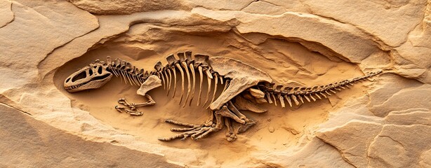 Wall Mural - Close-up of a dinosaur skeleton fossil embedded in rock, arid desert background, clean space for copy above, sharp focused light, more clarity with clear light and sharp focus, high detailed