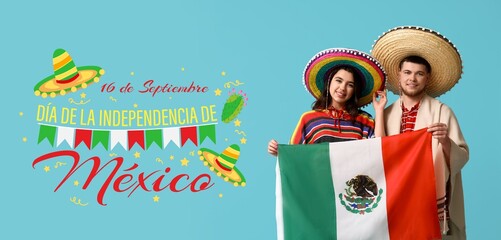 Canvas Print - Banner for Mexican Independence Day with happy couple in sombreros holding flag on blue background