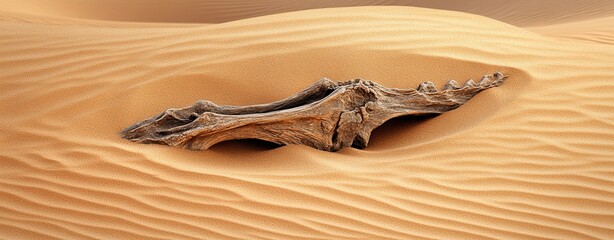 Wall Mural - close-up of a dinosaur vertebra fossil partially uncovered in sand, desert backdrop, clean space for