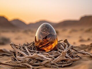 Wall Mural - semi close-up of a fossilized dinosaur egg in a nest of bones, arid desert background, clear space f