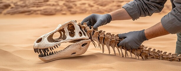 Wall Mural - semi close-up of a dinosaur skull fossil in a researcher's hands, desert background, clean space for