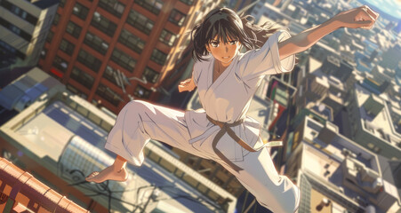 Wall Mural - An anime-style girl in white pants and long sleeves, wearing an Asian hairstyle with her hair tied back, is doing a karate kick on the roof of a high-rise building