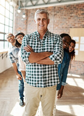 Aufkleber - Portrait, group and business people with creative agency, arms crossed and smile in modern office. Face, employees and coworkers with leadership, design team and cooperation for project and startup