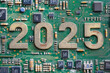 © ana - 2025 tech age celebration. Happy new year. Era of technology. Digital innovation. Circuit board. Happy 2025 futuristic texture. Circuit board background. Modern hardware. Technology concept image