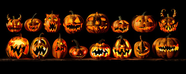 Wall Mural - Set of Halloween scary pumpkins cut. Spooky creepy pumpkins cut