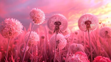 Poster - Vibrant sunset illuminates dandelions in a field