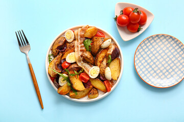 Wall Mural - Composition with tasty potato salad on light blue background, top view