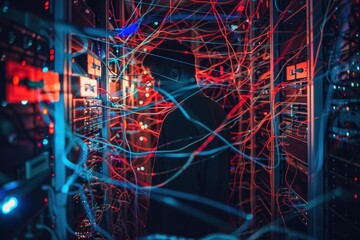 Poster - technician analyzing network cables in a server room filled with flashing lights
