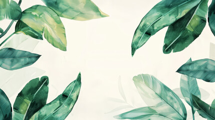 Wall Mural - Aesthetic watercolor frame with green tropical leaves, copy space, light background, foliage template. Generative AI