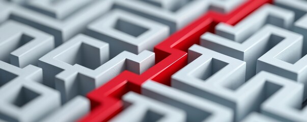 Abstract Gray Maze with Red Pathway Symbolizing Success and Direction in Problem Solving