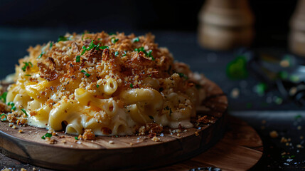 Wall Mural - Creamy baked mac and cheese topped with crispy breadcrumbs and fresh herbs sitting on a rustic wooden board