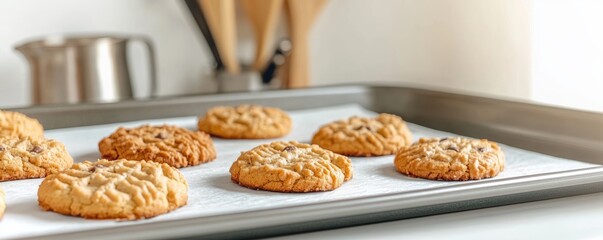 Wall Mural - Delicious Homemade Chocolate Chip Cookies Freshly Baked on Tray With Oven Mitts And Tools Nearby