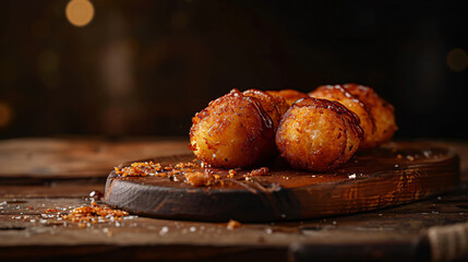 Wall Mural - Tasty fried mac and cheese balls topped with a sweet glaze resting on a rustic wooden platter