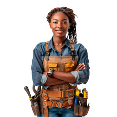 African American woman carpenter isolated on white or transparent background. Woman carpenter with tools for work close-up.