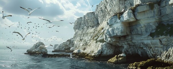 Coastal cliffs with seagulls flying, 4K hyperrealistic photo