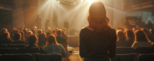 Confident businesswoman delivering a presentation to a captivated audience, 4K hyperrealistic photo