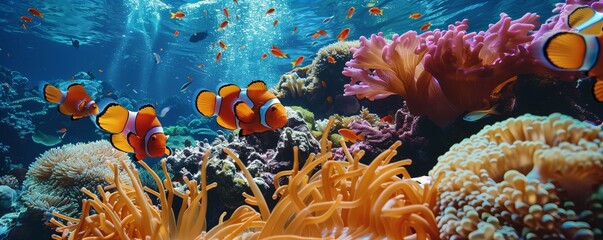 Wall Mural - Coral reef with vibrant fish, 4K hyperrealistic photo