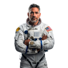 Male astronaut isolated on white or transparent background. Close-up of an astronaut in a suit