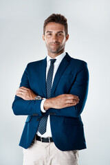 Fototapete - Business, man and arms crossed for portrait in studio for corporate career in hr management for employee relations. Male person, smile and white background with job pride, professional and confident