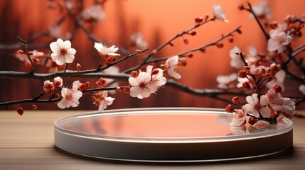 Wall Mural - Cherry Blossoms on a Wooden Table