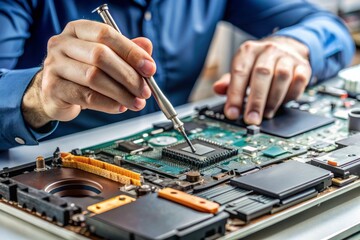 Macro view of skilled hands carefully replacing components on a notebook's main circuit board during a precise technical upgrade process.