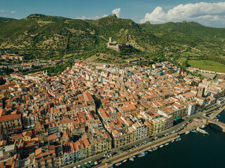 Aerial view of Bosa, a small colourful town near Oristano, Sardinia island, Italy