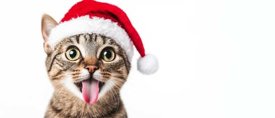 Wall Mural - Merry Christmas greeting card panorama - Funny cat pet head with santa claus hat costume and tongue stuck out, isolated on white background