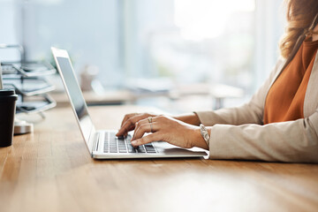 Poster - Office, laptop and hands of person for typing, business article and news research for publication on desk. Technology, connection and digital of content writer for online blog, review and information