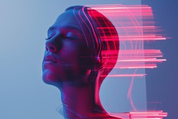 Poster - Futuristic concept image of a young woman with her eyes closed, experiencing virtual reality
