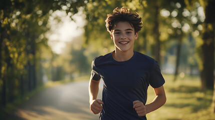 Wall Mural - Smiling young man with curly hair in blue shirt jogging on tree-lined path in park, copy space