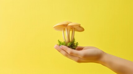 Wall Mural - Hand Holding Small Mushrooms on Yellow Background