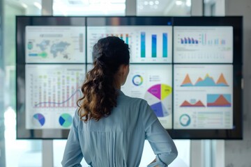Poster - Businesswoman is looking at multiple screens with charts and graphs