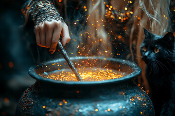 A witch's hand stirs a bubbling potion in a cauldron as a black cat watches, surrounded by magical ingredients.
