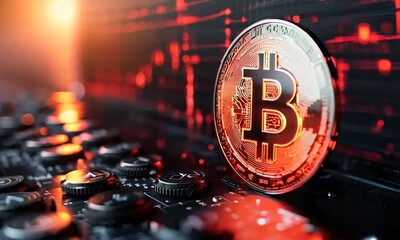 Fototapete - Bitcoin Cryptocurrency Coin on a Circuit Board