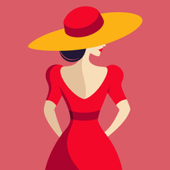 Wall Mural - beauty in-a red dress and wide brimmed hat back vector illustration 