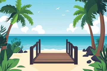 Beach with palm trees and a wooden bridge over the sea background vector illustration