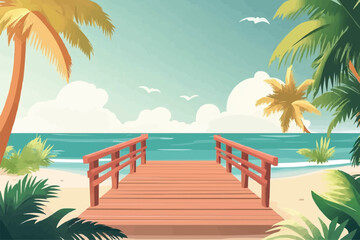 Wall Mural - Beach with palm trees and a wooden bridge over the sea background vector illustration