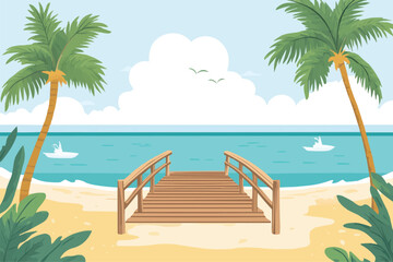 Wall Mural - Beach with palm trees and a wooden bridge over the sea background vector illustration