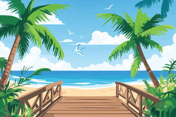 Wall Mural - Beach with palm trees and a wooden bridge over the sea background vector illustration