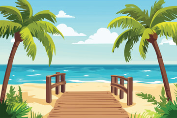 Wall Mural - Beach with palm trees and a wooden bridge over the sea background vector illustration